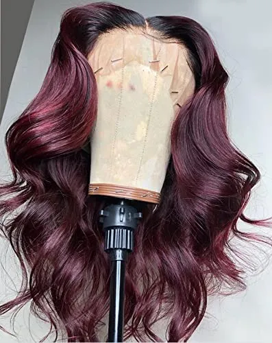 1B Burgundy Short Bob Loose Wavy Lace Front Wig For Women