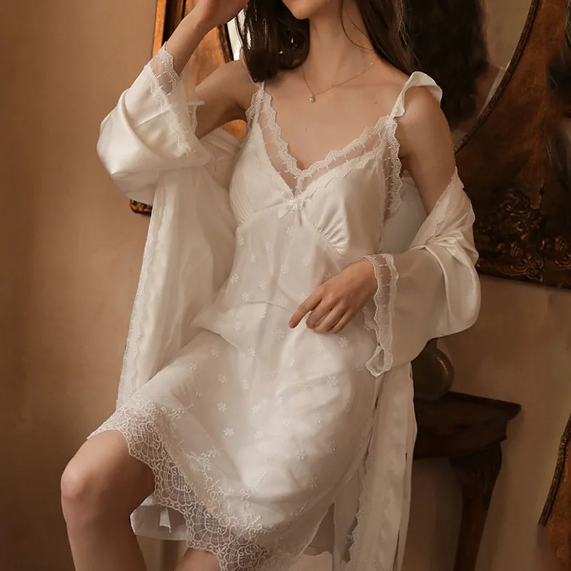 2 Pieces Pajamas Sets Faux Silk Pajamas Sleepwear Sets Embroidery Lace Bath Gown