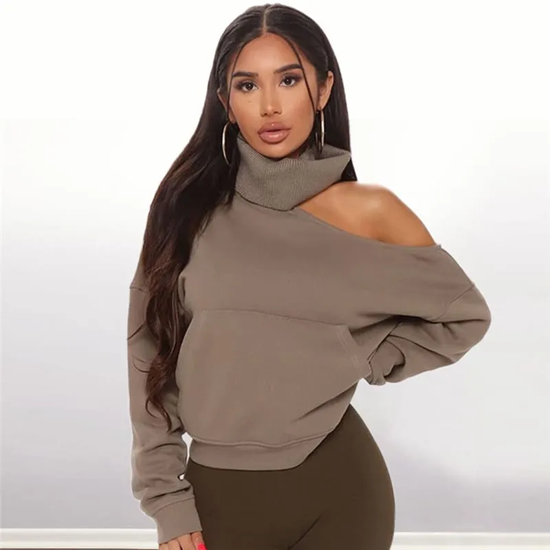 (30 Pieces) Women Sexy Cool Shoulder Rib Knit Solid Color Sweatshirt