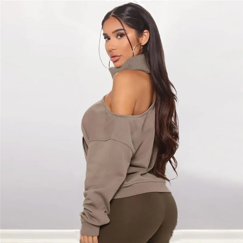 (30 Pieces) Women Sexy Cool Shoulder Rib Knit Solid Color Sweatshirt