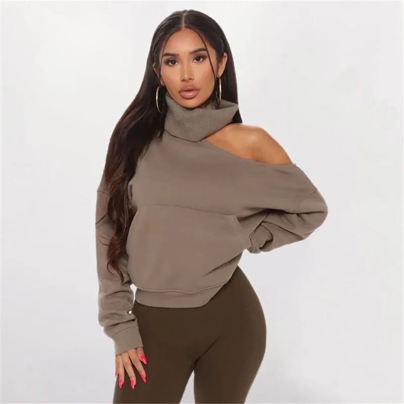 (30 Pieces) Women Sexy Cool Shoulder Rib Knit Solid Color Sweatshirt