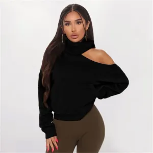 (30 Pieces) Women Sexy Cool Shoulder Rib Knit Solid Color Sweatshirt