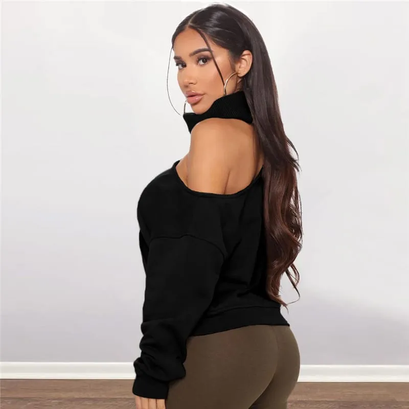 (30 Pieces) Women Sexy Cool Shoulder Rib Knit Solid Color Sweatshirt
