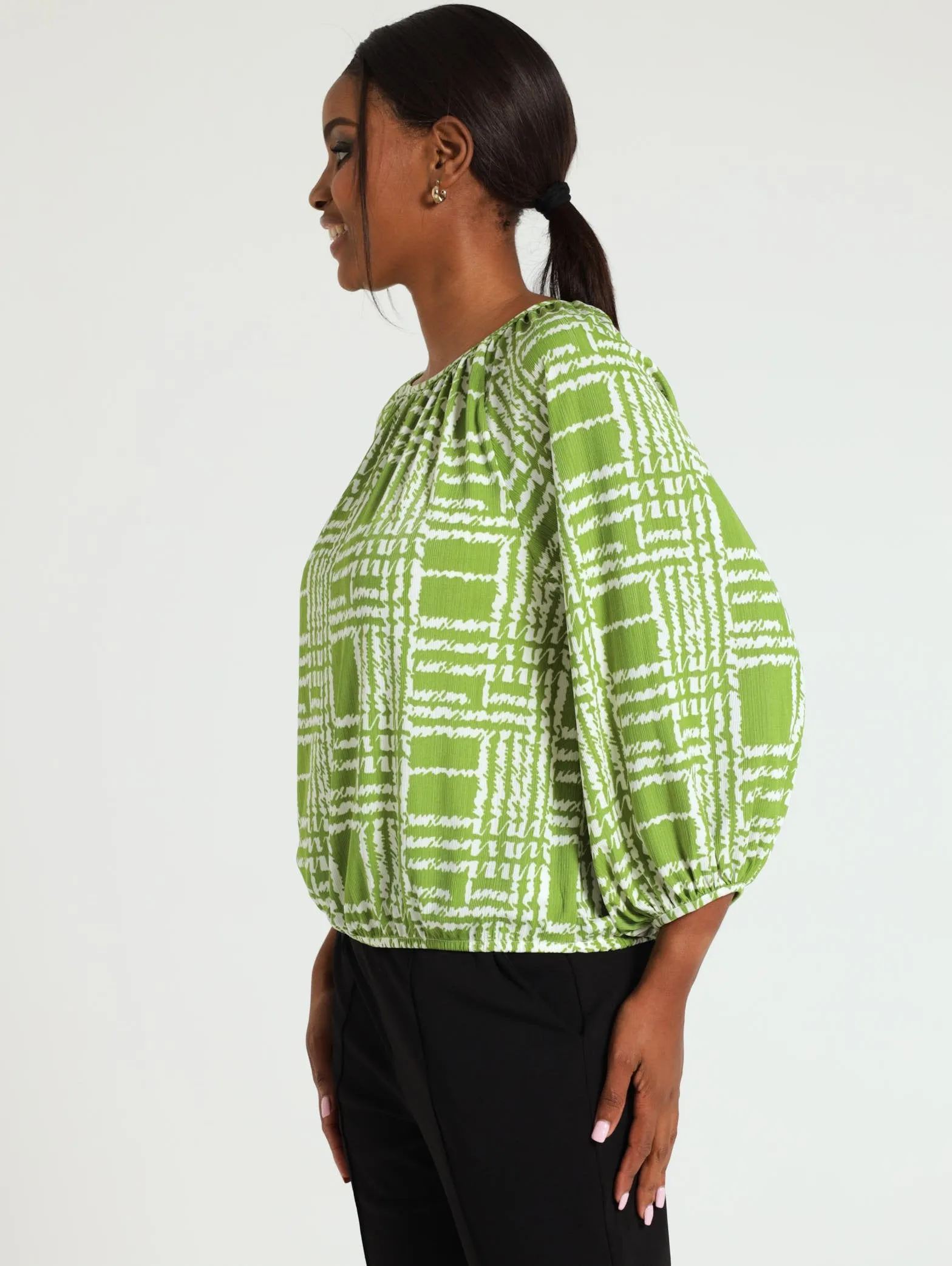3/4 Sleeve Bubble Hem Blouse - Green