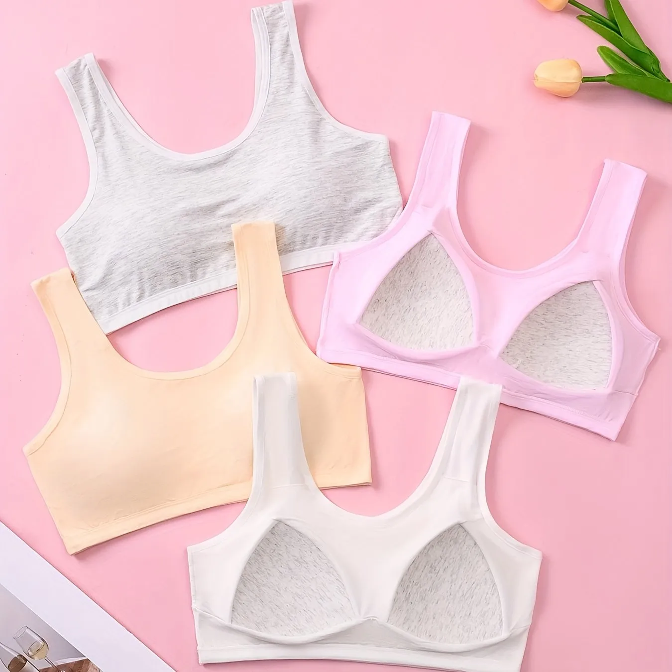 4-piece girls' underwear, 9-15 years old, solid color basic fixed cup, comfortable and breathable, without steel ring wide shoulder strap