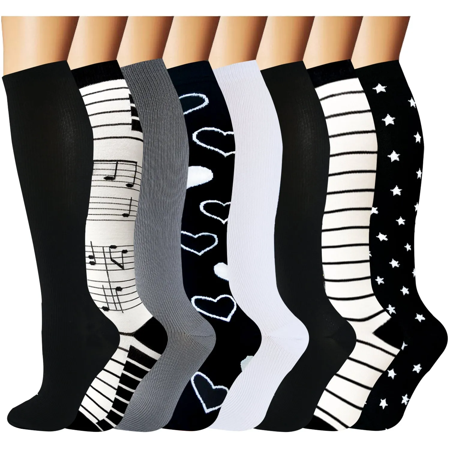 8-Pairs Black-White Compression Socks for Man and Woman (20-30 mmHG）| ACTINPUT