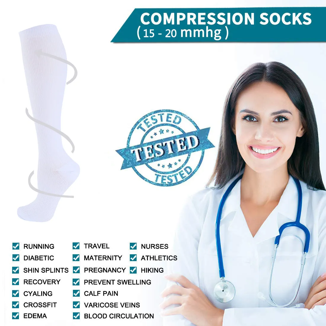8-Pairs Black-White Compression Socks for Man and Woman (20-30 mmHG）| ACTINPUT