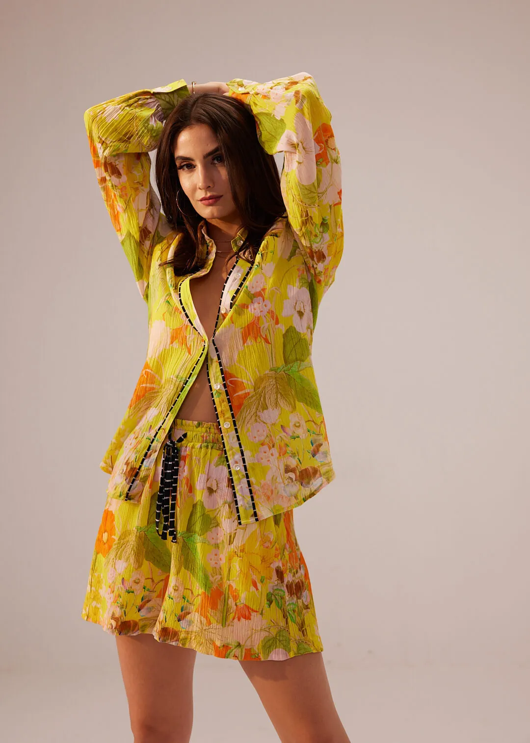 Ahana yellow floral shirt and shorts