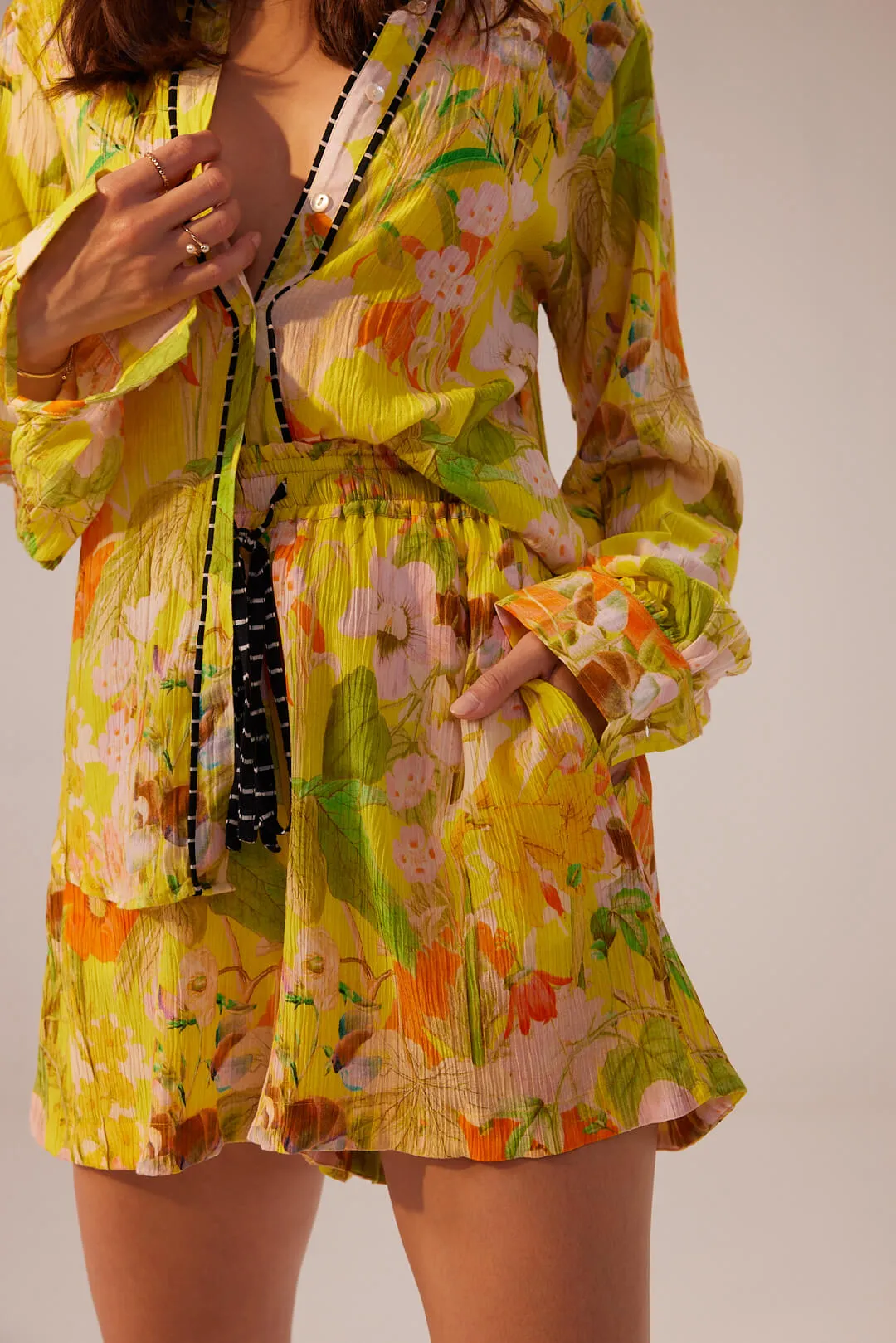 Ahana yellow floral shirt and shorts