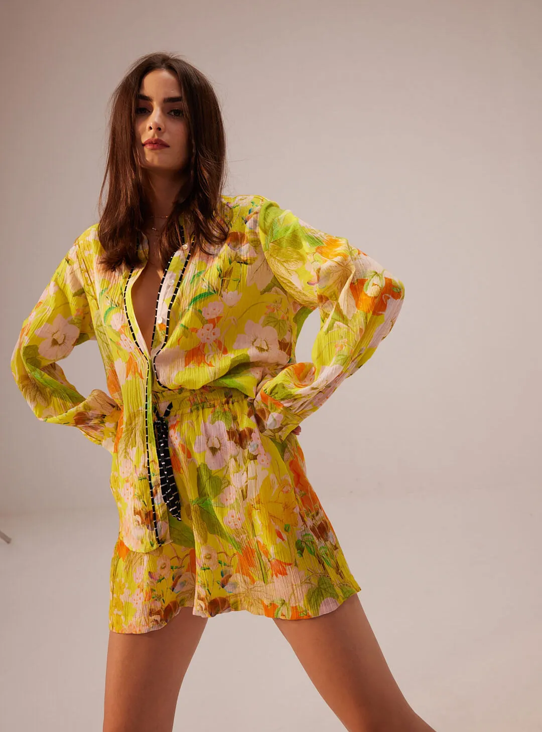 Ahana yellow floral shirt and shorts