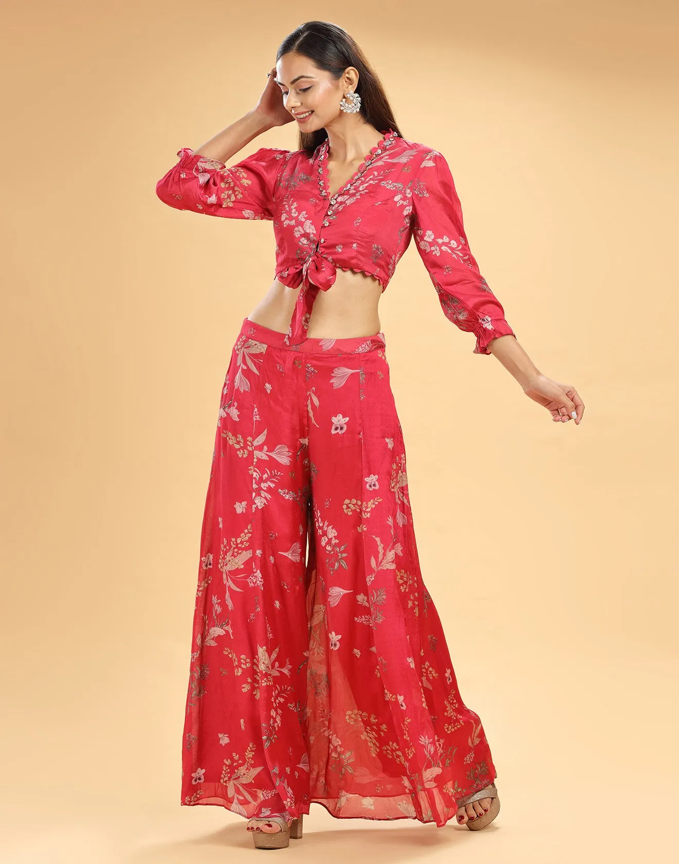 Amaranth Printed Flared Festive Fusion Co-ord Set