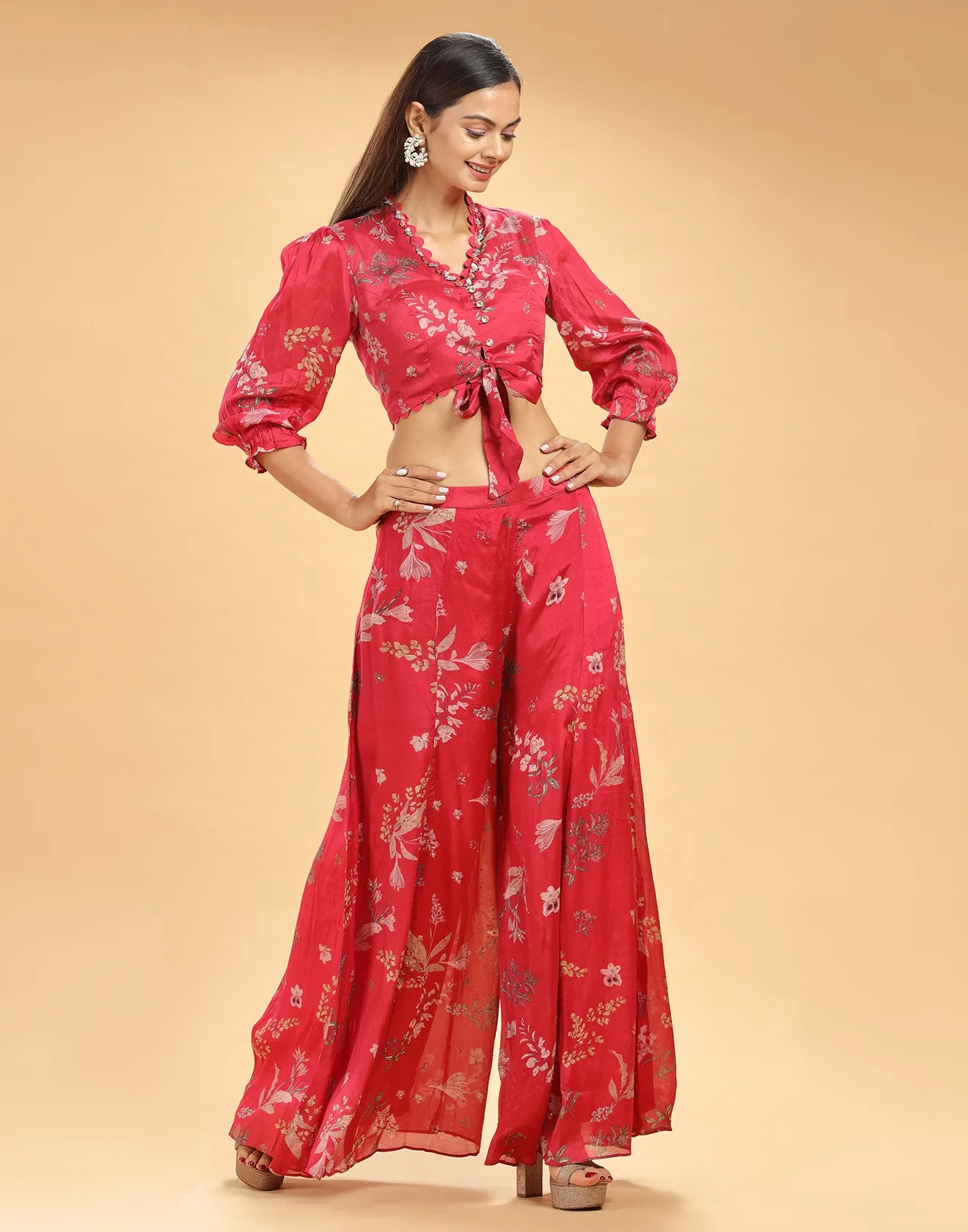 Amaranth Printed Flared Festive Fusion Co-ord Set