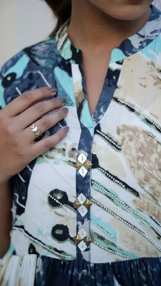 Aqua Abstract Print Maxi Dress with Artistic Flair