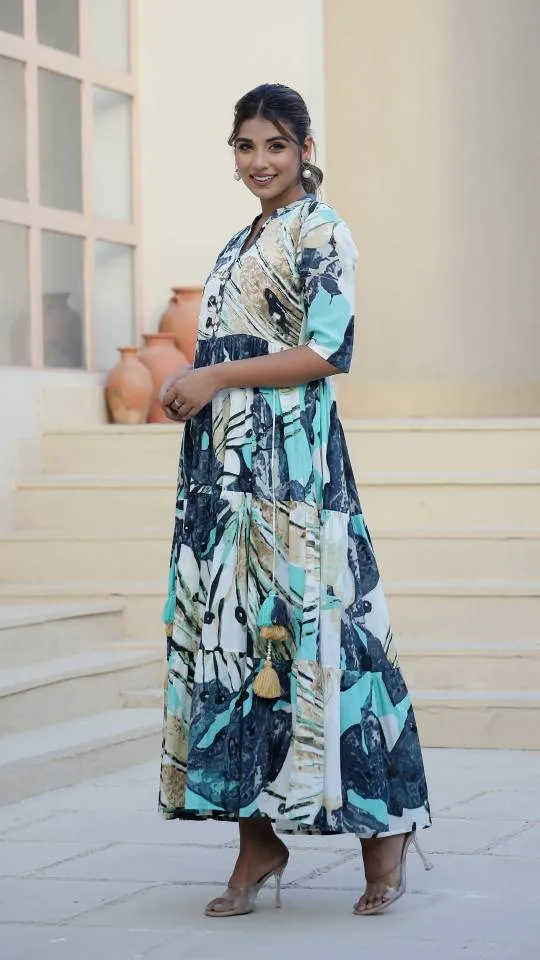 Aqua Abstract Print Maxi Dress with Artistic Flair