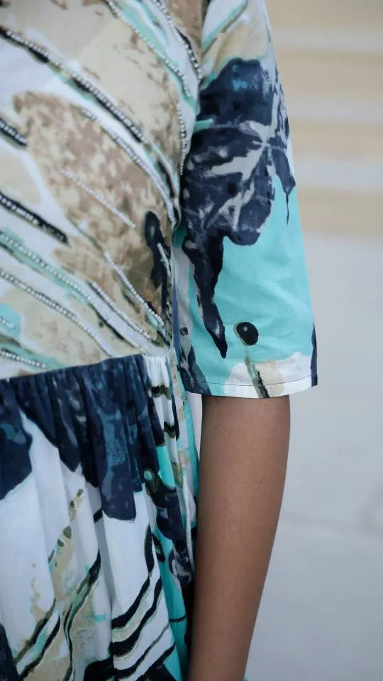 Aqua Abstract Print Maxi Dress with Artistic Flair