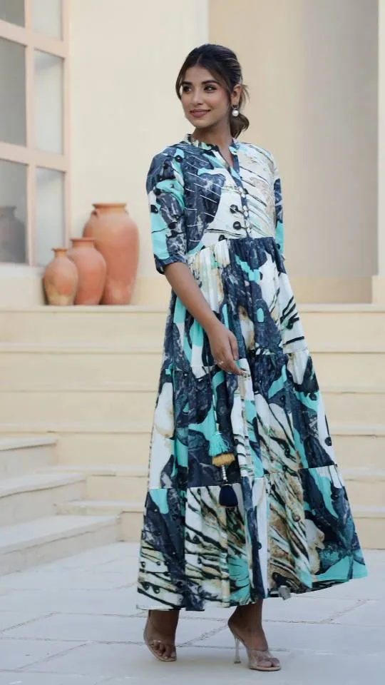 Aqua Abstract Print Maxi Dress with Artistic Flair
