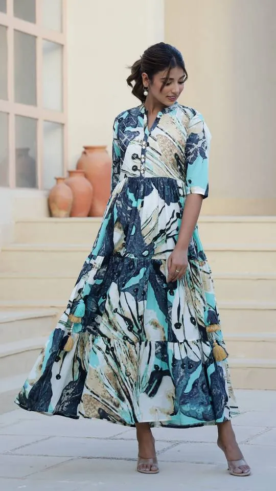 Aqua Abstract Print Maxi Dress with Artistic Flair