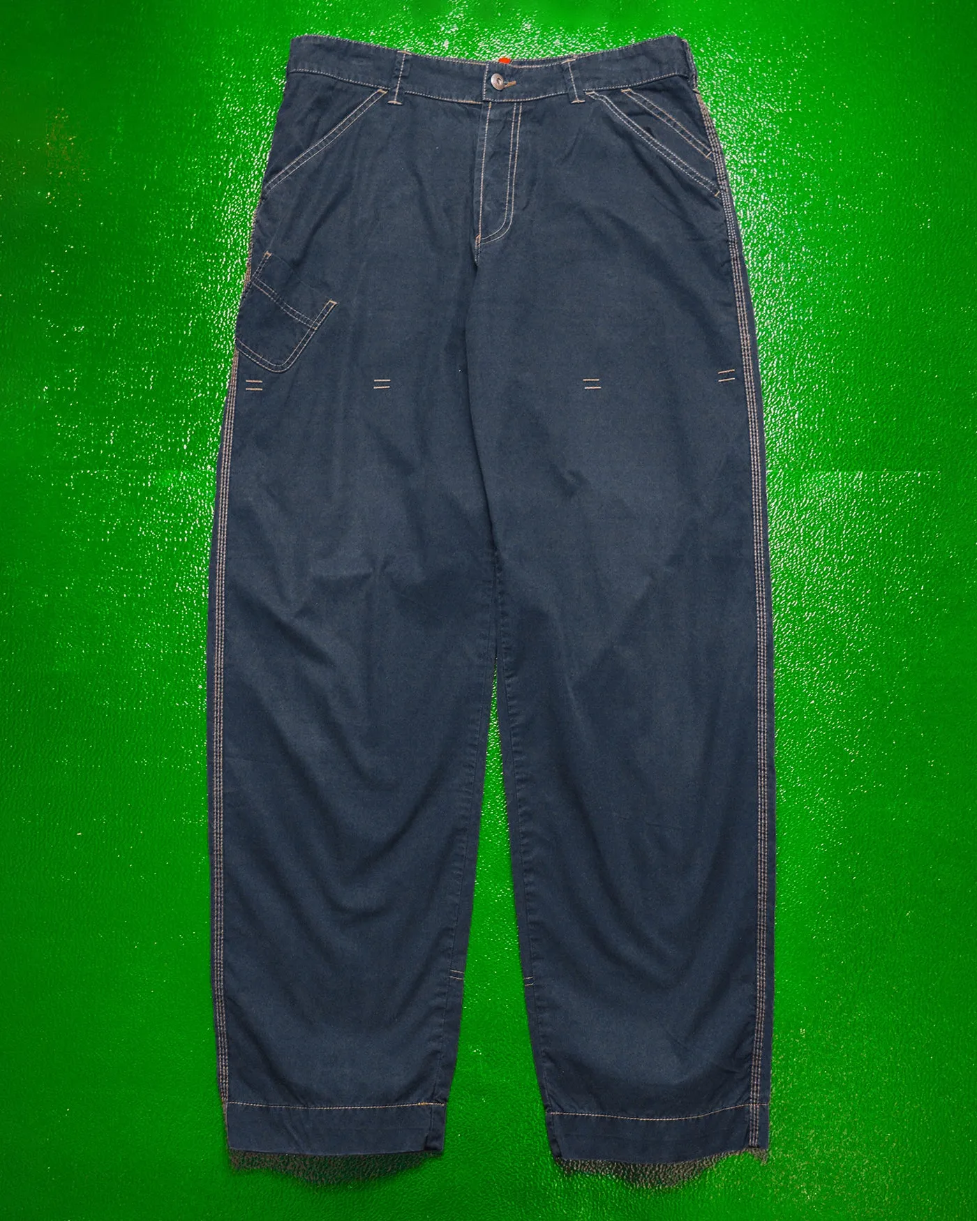 Asymmetrical Navy Contrast Stitch Patch Pocket Pants (34)