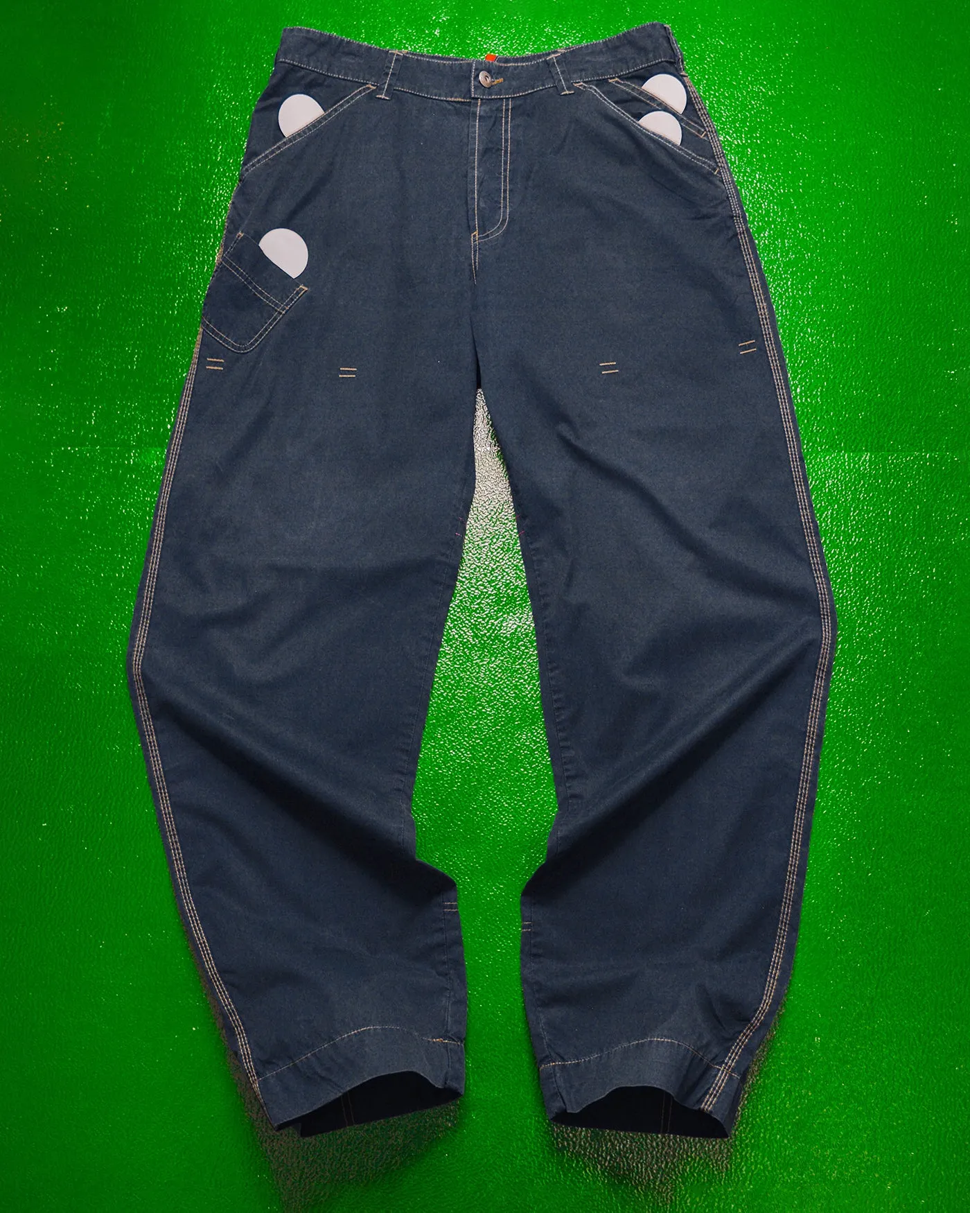 Asymmetrical Navy Contrast Stitch Patch Pocket Pants (34)