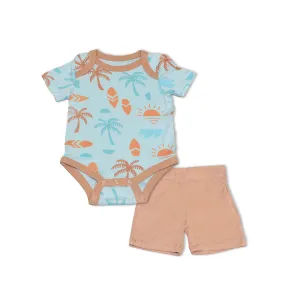 Bamboo Short Sleeve Onesie & Short Set (Sunny Shores Print/Maple Sugar)