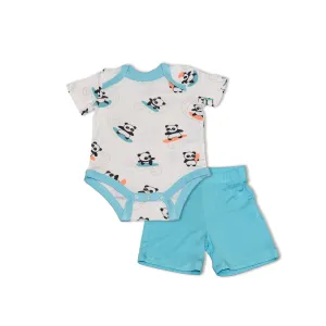 Bamboo Short Sleeve Onesie & Short Set (Surfs Up Panda Print/Aqua)