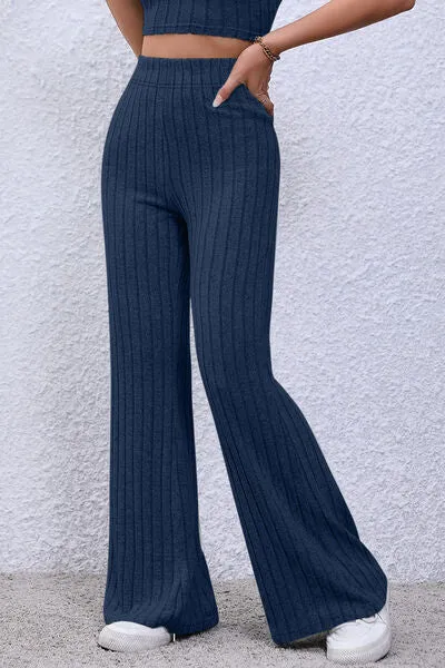 Basic Full Size Ribbed High Waist Flare Pants