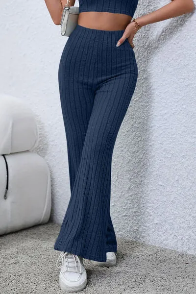 Basic Full Size Ribbed High Waist Flare Pants