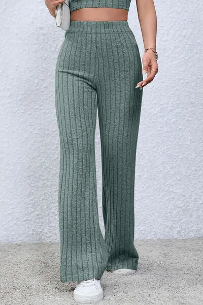 Basic Full Size Ribbed High Waist Flare Pants