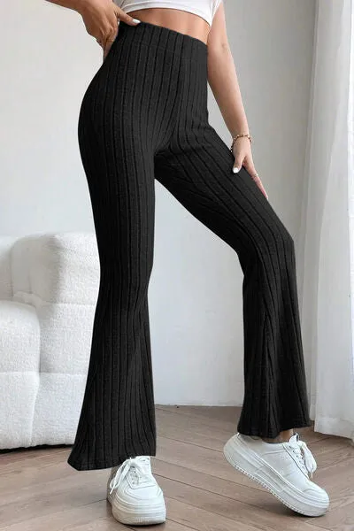 Basic Full Size Ribbed High Waist Flare Pants