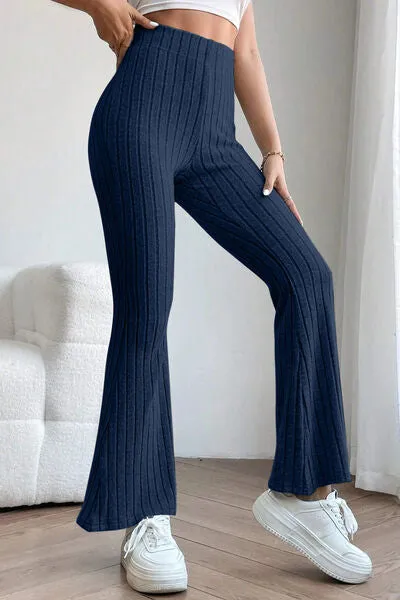 Basic Full Size Ribbed High Waist Flare Pants