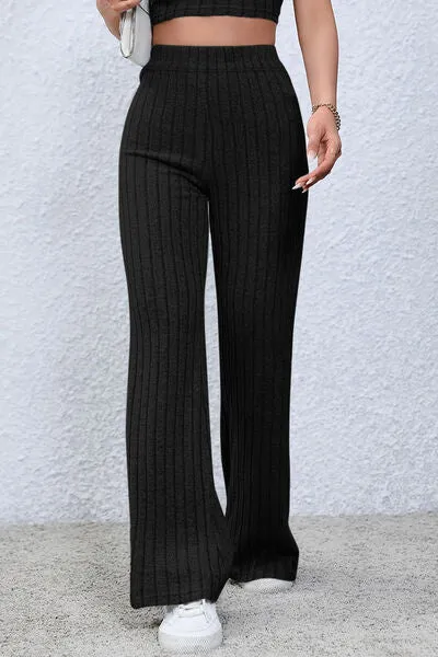 Basic Full Size Ribbed High Waist Flare Pants