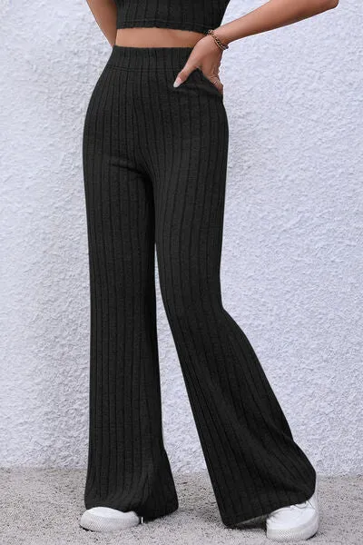 Basic Full Size Ribbed High Waist Flare Pants