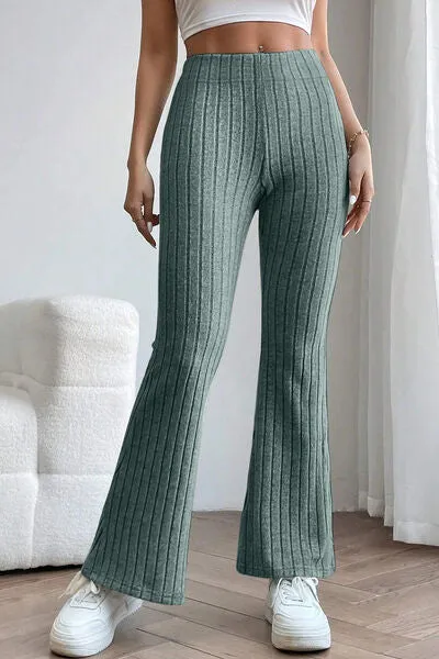 Basic Full Size Ribbed High Waist Flare Pants