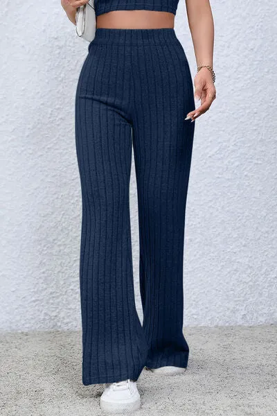 Basic Full Size Ribbed High Waist Flare Pants