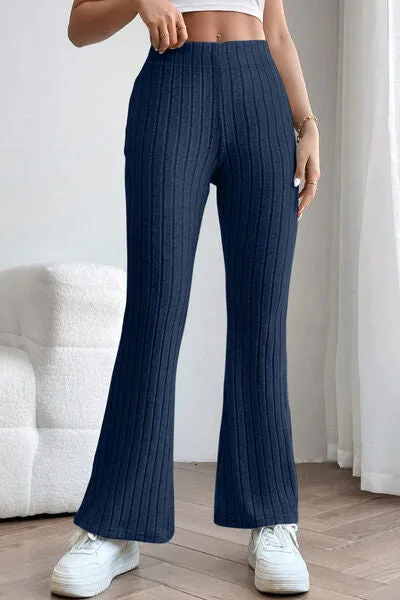 Basic Full Size Ribbed High Waist Flare Pants