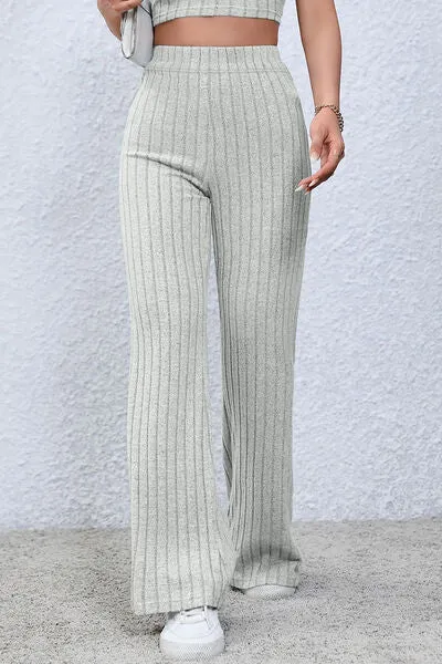 Basic Full Size Ribbed High Waist Flare Pants