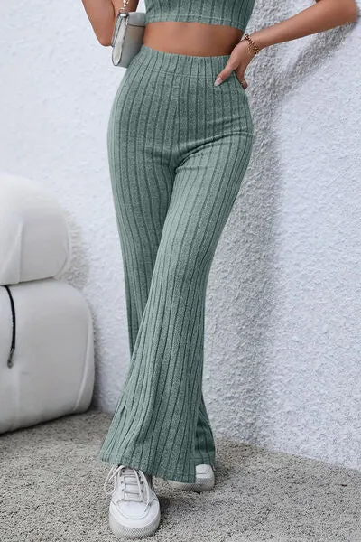 Basic Full Size Ribbed High Waist Flare Pants
