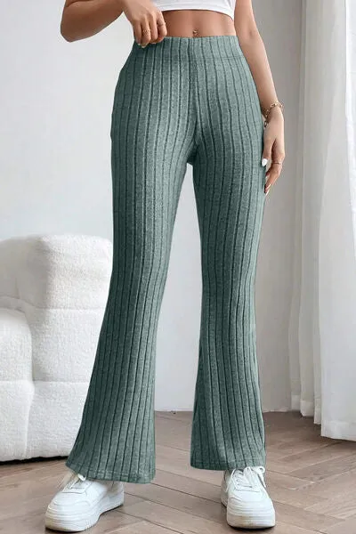 Basic Full Size Ribbed High Waist Flare Pants