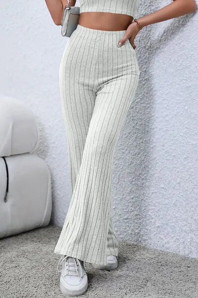 Basic Full Size Ribbed High Waist Flare Pants