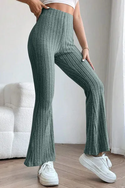 Basic Full Size Ribbed High Waist Flare Pants