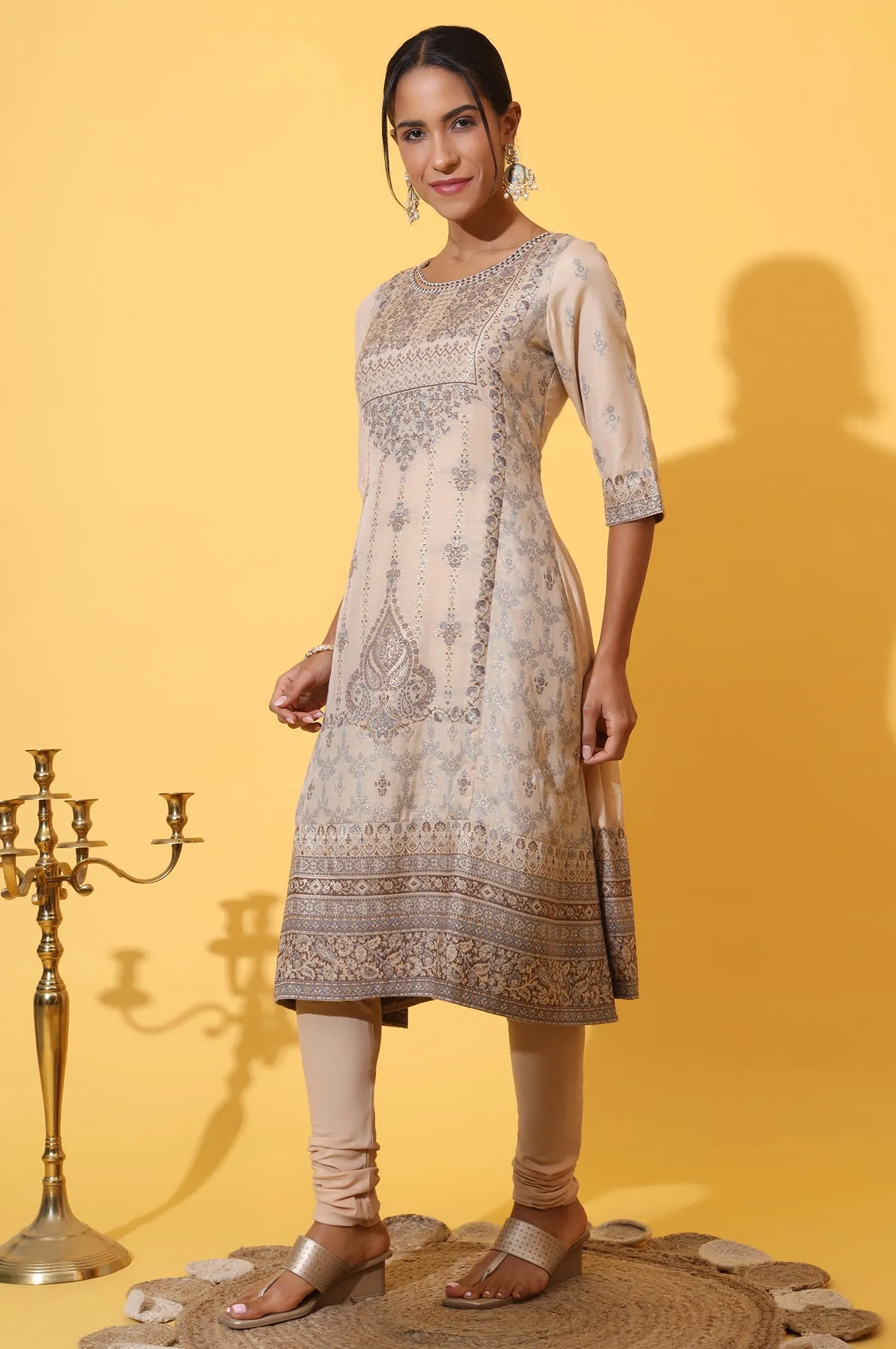Beige Yarn Dyed Panelled Kurta, Churidar and Dupatta Set