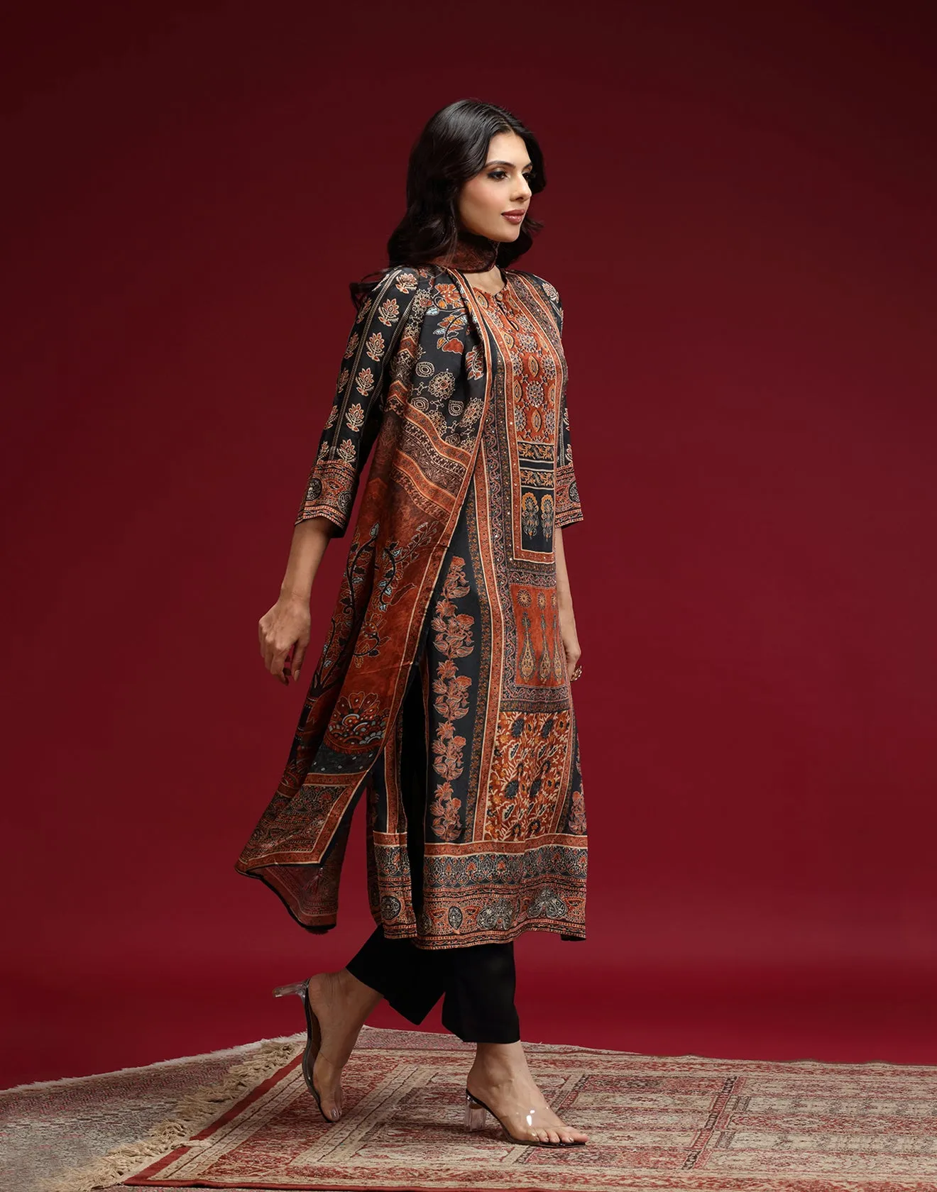 Black And Tangerine Ethnic Printed Workwear Kurta Set