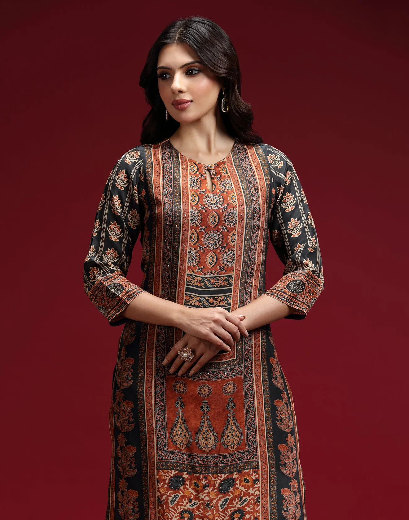 Black And Tangerine Ethnic Printed Workwear Kurta Set