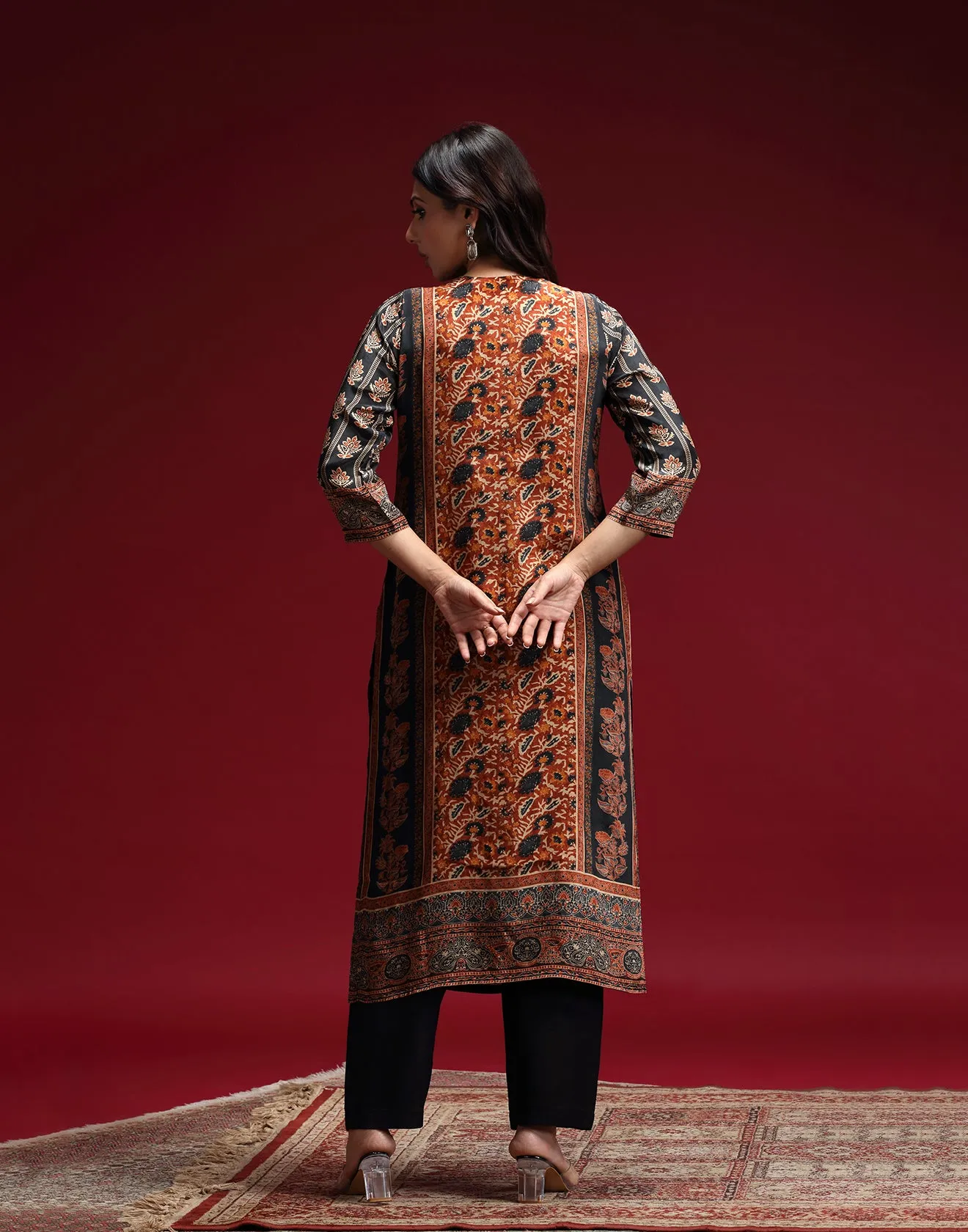 Black And Tangerine Ethnic Printed Workwear Kurta Set