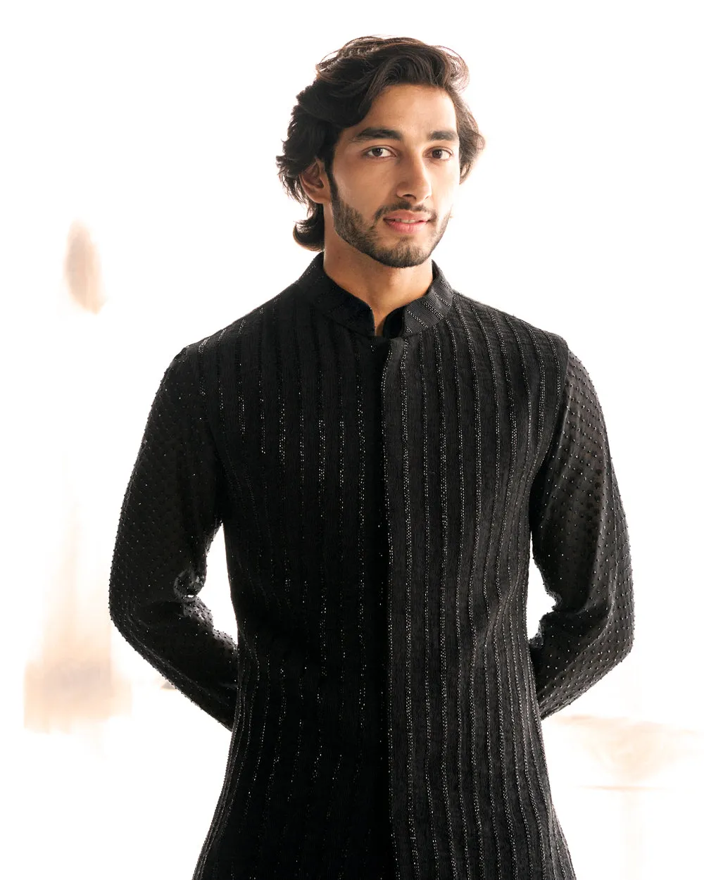 Black Cutdana Nehru Paired With Black Swarovski Kurta