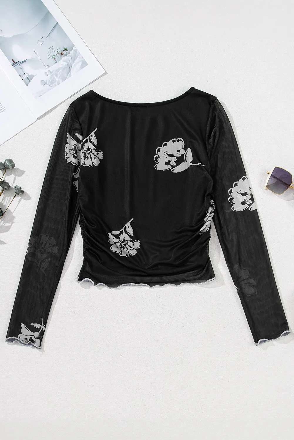 Black Floral Mesh Lettuce Edge Ruched Slim Long Sleeve Top