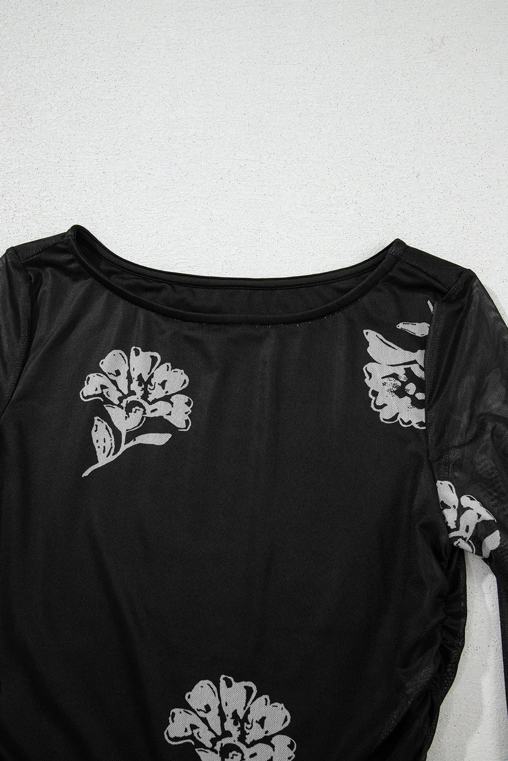 Black Floral Mesh Lettuce Edge Ruched Slim Long Sleeve Top