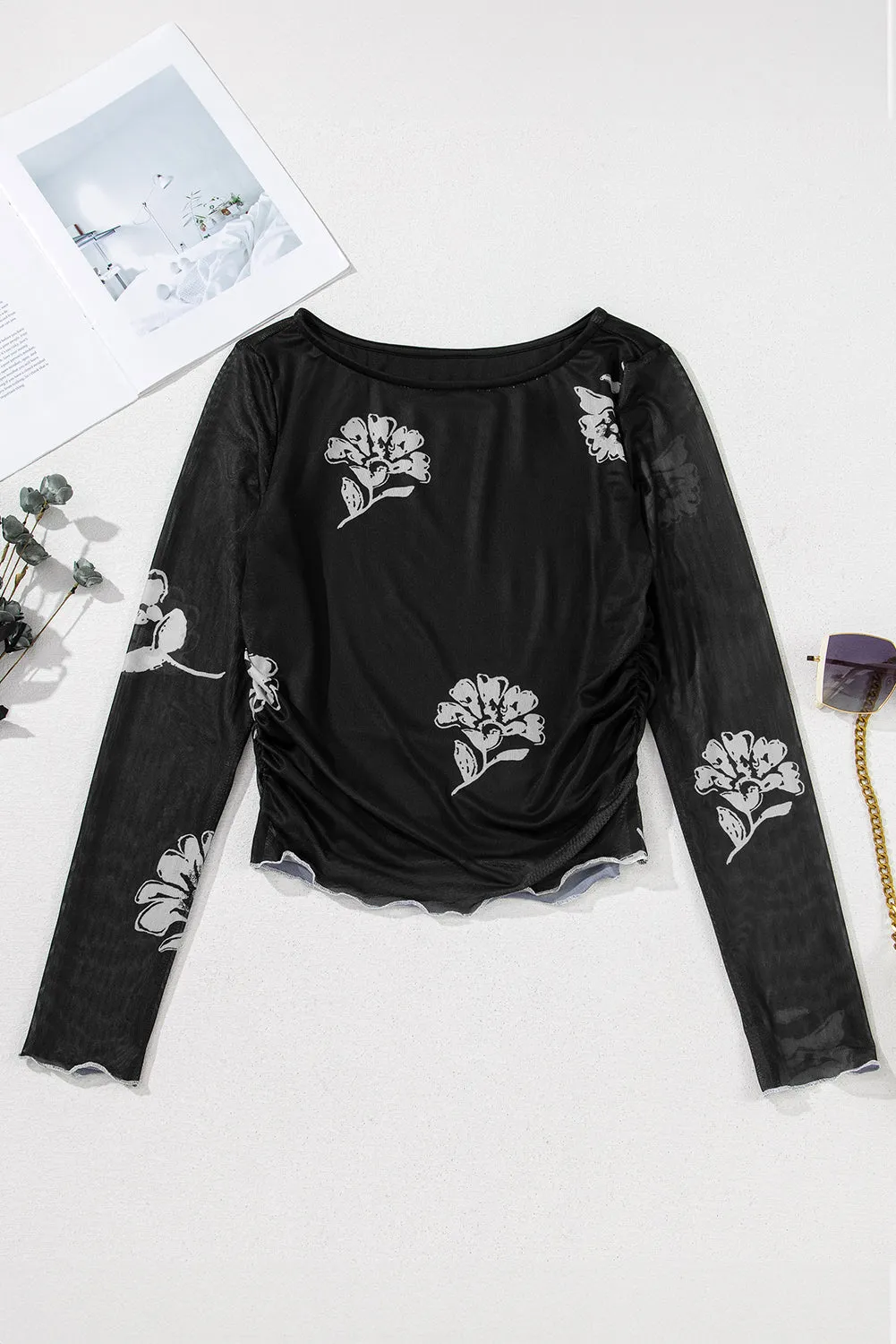 Black Floral Mesh Lettuce Edge Ruched Slim Long Sleeve Top