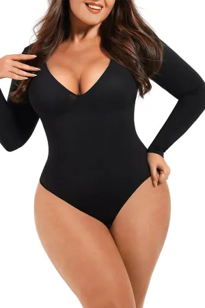 Black Long Sleeve Deep-V Contoured Control Bodysuit