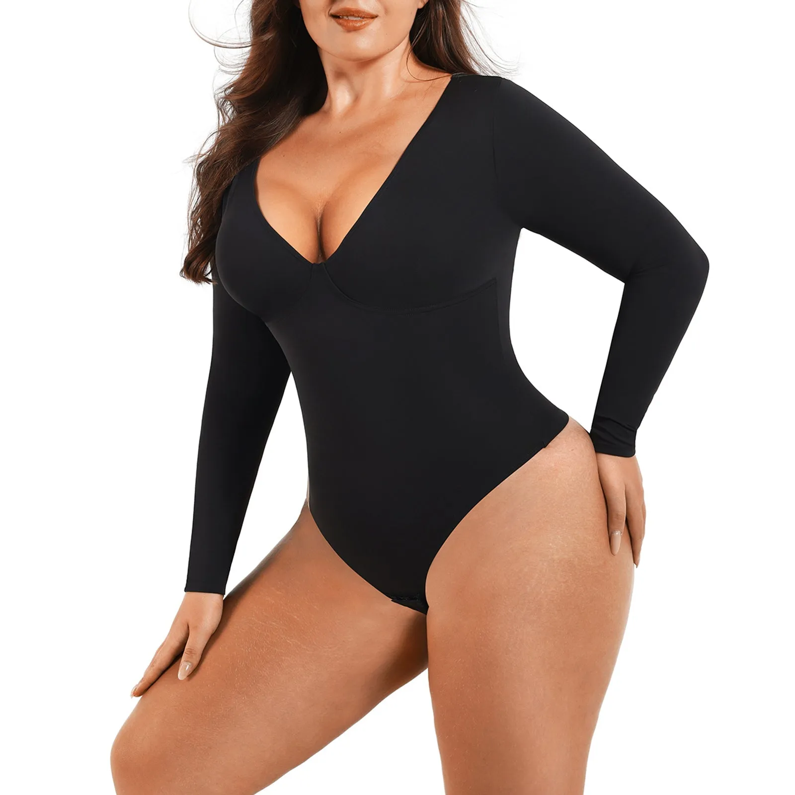 Black Long Sleeve Deep-V Contoured Control Bodysuit